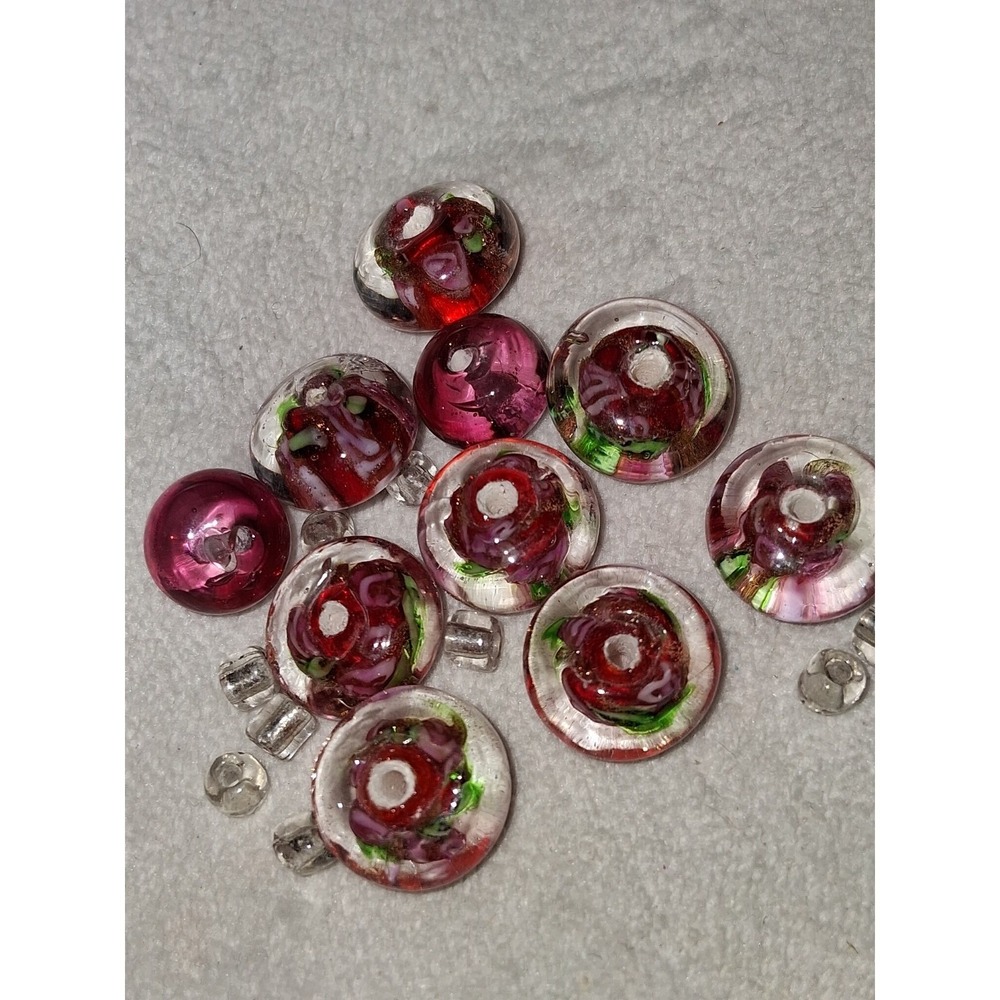 Vintage Lampwork Glass Beads Lot Pink Red Floral Encased Glass Jewelry Making